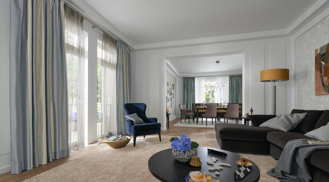 Vorhang GISELLA, Store OMEGA, Teppich FLUFFY, Bodenbelag DESIGN FLOOR LVT